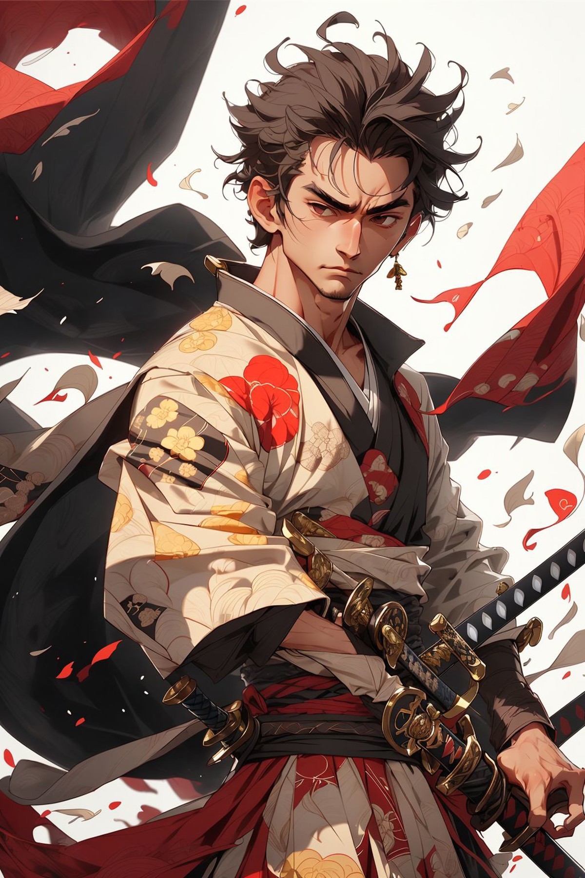 (close-up:1.1),upper body,weapon, 1boy, short hair,male focus, sword, solo, japanese clothes, holding, holding weapon, kat...